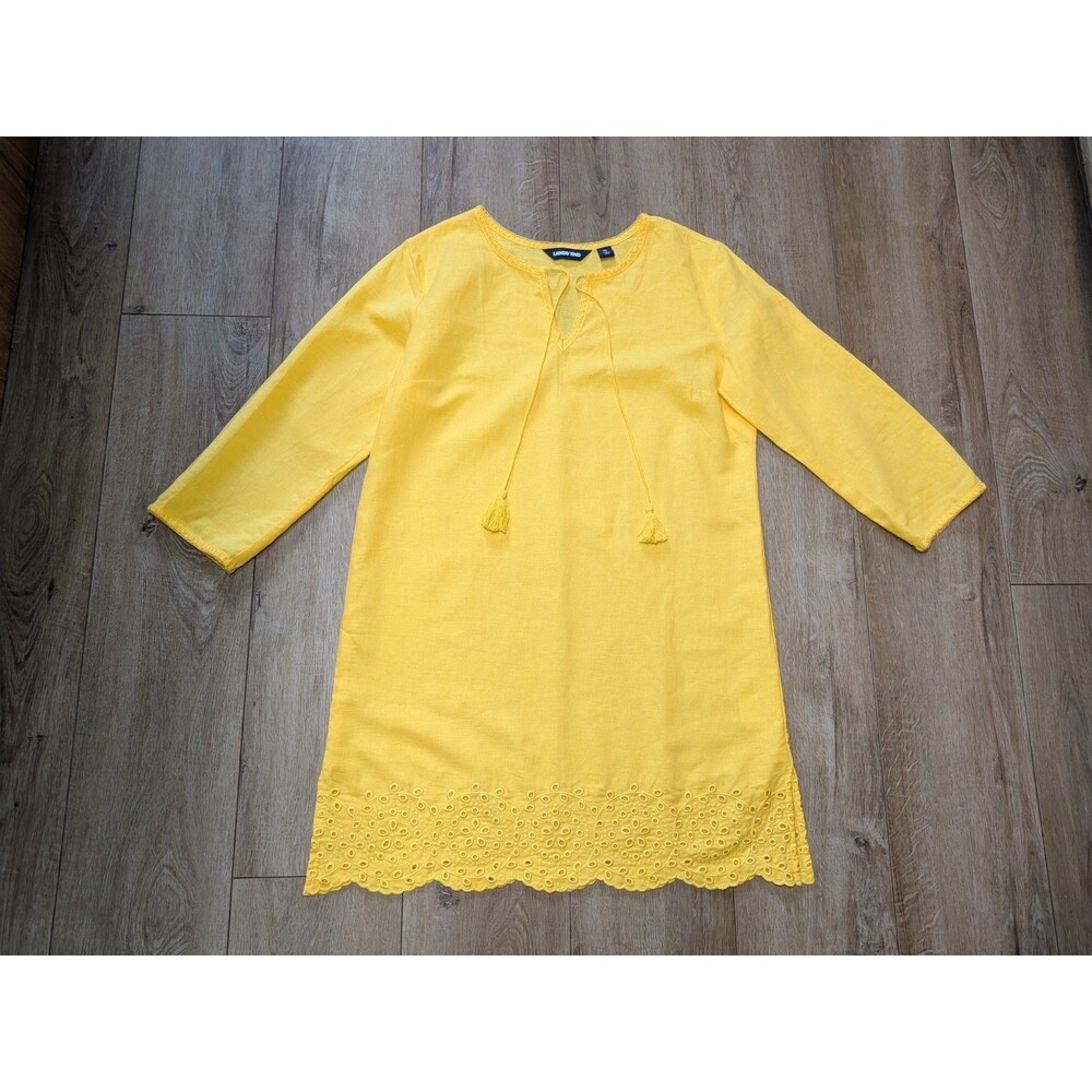 LAND'S END Yellow Tunic Dress Cover Up Linen Cotton Eyelet Hem 3/4 Slv XL  (18)